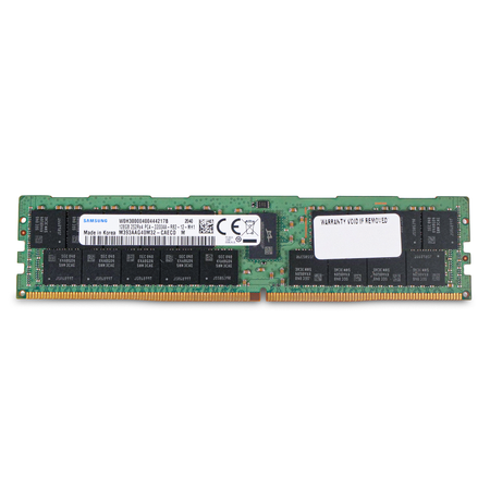 Front view of a Samsung DDR4 RDIMM server memory module showing model label, memory chips, CE mark, and gold edge connector.