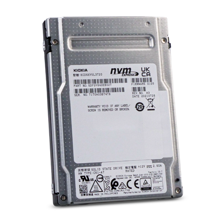 Kioxia NVMe Express 2.5-inch SSD front view displaying model label, part number, serial number, and compliance certifications.