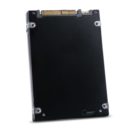 Rear view of a 2.5-inch SSD with black casing, gold connector pins, and four corner mounting screws.