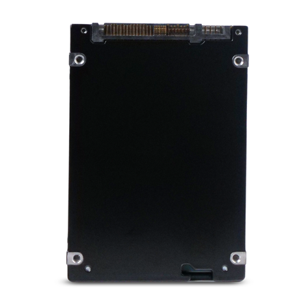 Front view of a 2.5-inch SSD with black casing, gold connector pins at the top, and four corner mounting screws.