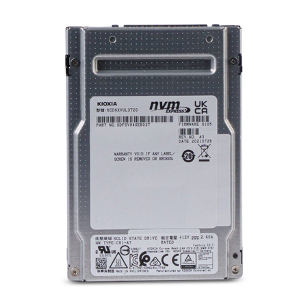 Front view of a Kioxia NVMe Express 2.5-inch SSD displaying model number, part number, firmware version, and certifications.