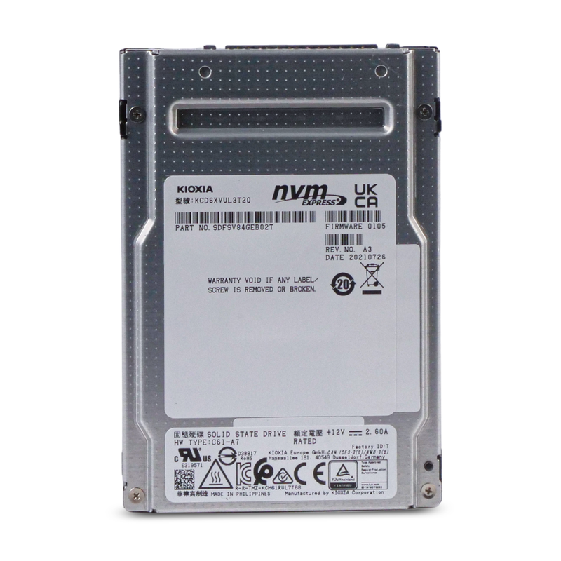Front view of a Kioxia NVMe Express 2.5-inch SSD displaying model number, part number, firmware version, and certifications.
