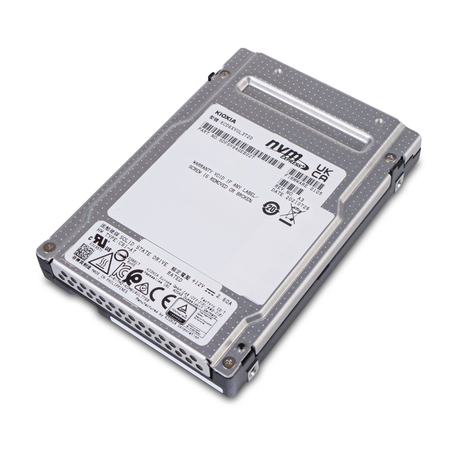 Angled top view of a Kioxia NVMe Express 2.5-inch SSD with model label, certifications, and mounting bracket.