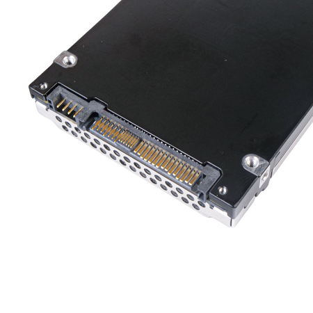 Close-up of a 2.5-inch SSD showing the SAS/SATA connector interface with gold pins and mounting screws.