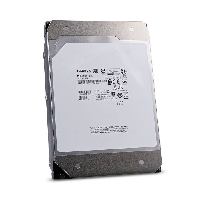 Toshiba MG07 14TB SATA hard drive, front label, drive slightly rotated