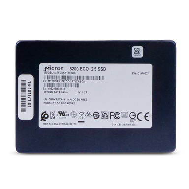 Top-down view of a Micron 5200 ECO 1920GB SATA SSD (model MTFDDAK1T9TDC), showing the full top label.