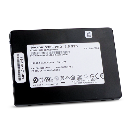 Micron 5300 PRO 1920GB 2.5-inch SATA SSD (model MTFDDAK1T9TDS), angled view showing the top label.