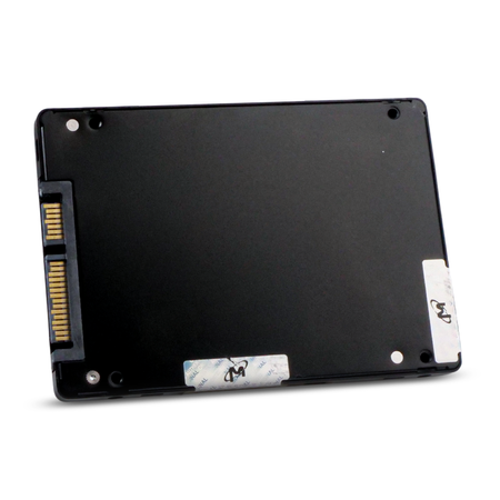 Underside of a 2.5-inch Micron SATA SSD, showing the connector and black casing.