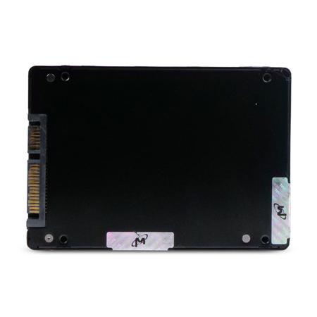 Underside of a 2.5-inch Micron SATA SSD, showing the connector and black casing.