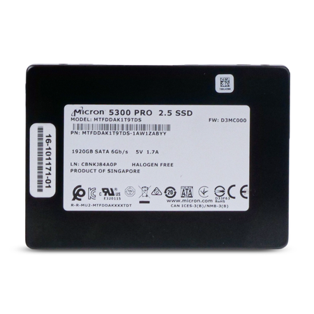 Top-down view of a Micron 5300 PRO 1920GB SATA SSD (model MTFDDAK1T9TDS), showing the full top label.