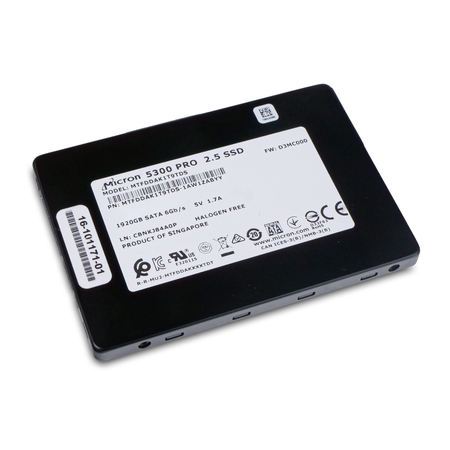 Micron 5300 PRO 1920GB 2.5-inch SATA SSD (model MTFDDAK1T9TDS), angled side view showing the top label.