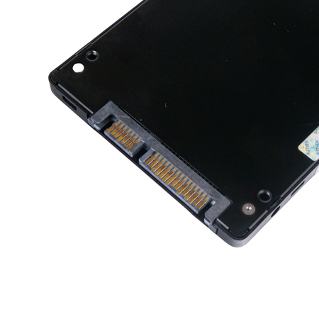 Close-up of a 2.5-inch SATA SSD, showing the SATA data and power connector and black casing.