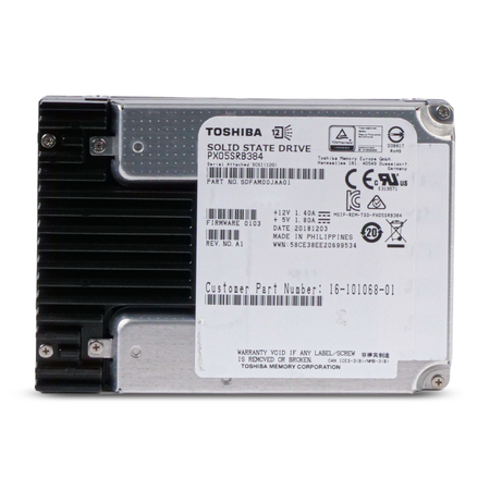 Top-down view of a Toshiba SAS SSD (model PX05SRB384), showing the full label with specifications.