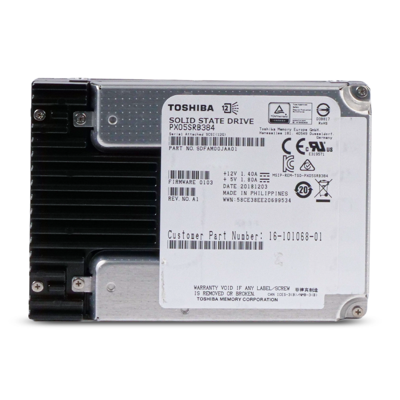 Top-down view of a Toshiba SAS SSD (model PX05SRB384), showing the full label with specifications.