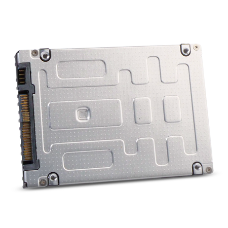 Underside of a 2.5-inch SAS SSD, angled view showing the connector and silver casing.