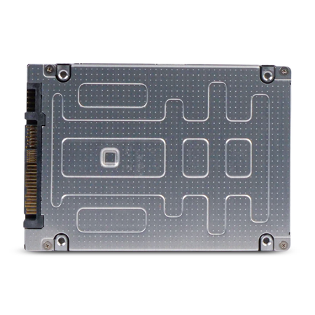 Underside of a 2.5-inch SATA SSD, showing the connector and silver casing.