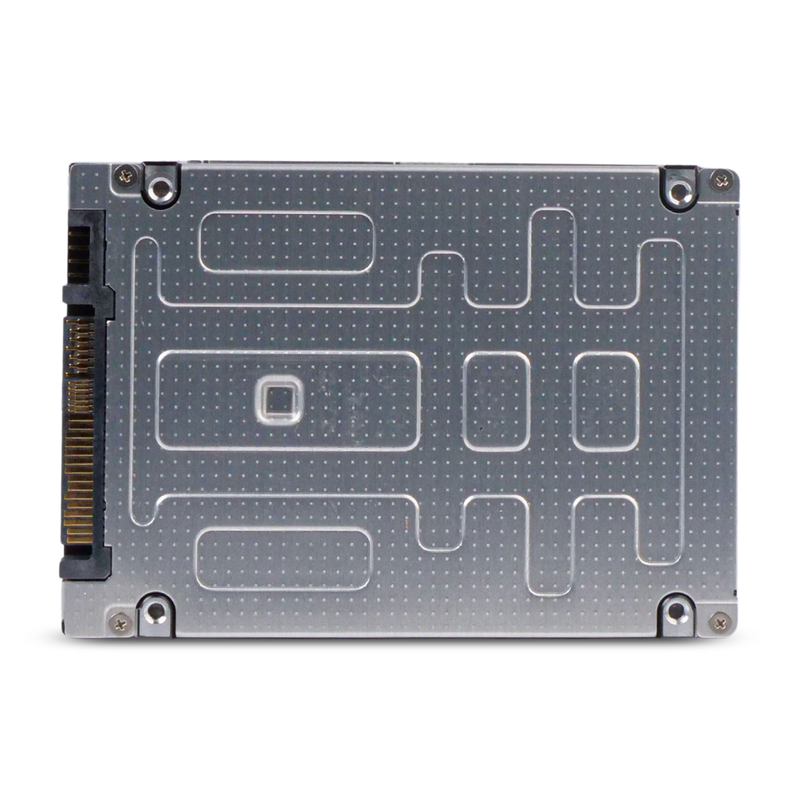 Underside of a 2.5-inch SATA SSD, showing the connector and silver casing.