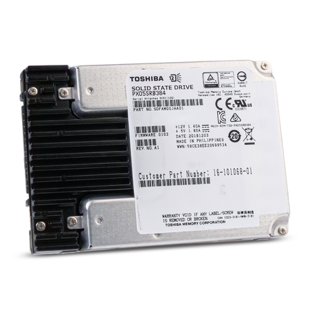 Toshiba SAS SSD (model PX05SRB384), angled view showing the top label.