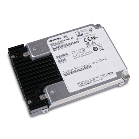 Toshiba SAS SSD (model PX05SRB384), angled side view showing the top label.