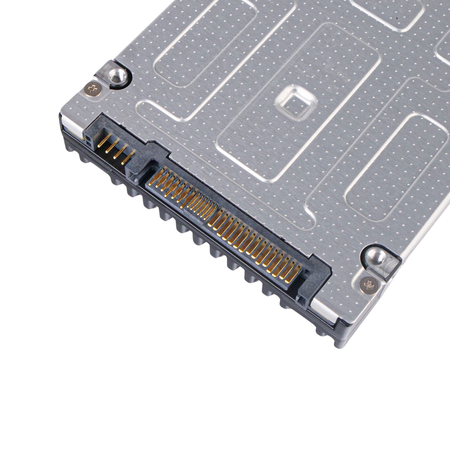 Close-up of a 2.5-inch SATA SSD, showing the SATA data and power connector and silver casing.