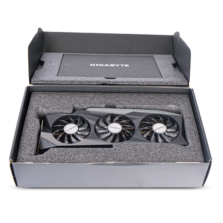Gigabyte NVIDIA GeForce RTX 3090 GAMING OC GV-N3090GAMING OC-24GD 24GB GDDR6X Gaming Graphics Card, Triple-Fan Angled View with the box