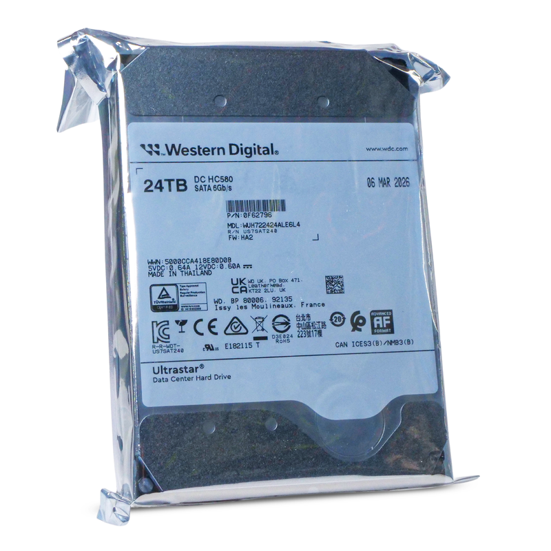 Western Digital Ultrastar DC HC580 WUH722424ALE6L4 0F62796 24TB 7.2K RPM SATA 6Gb/s 512e SE 3.5in Hard Disk Drive