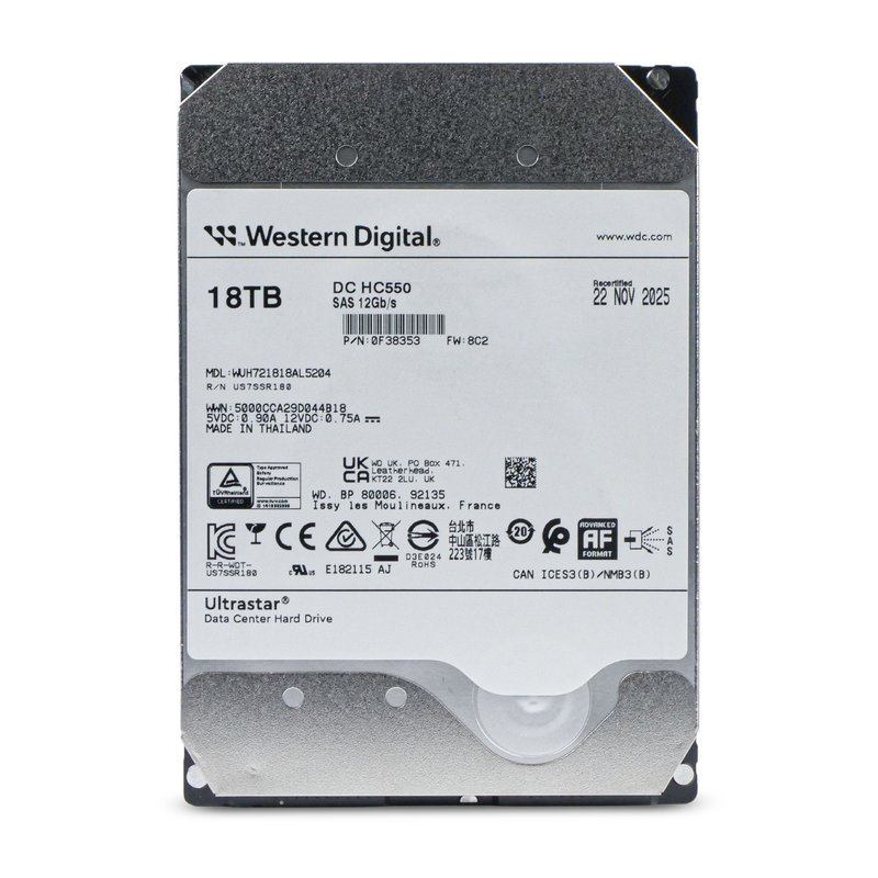 Western Digital Ultrastar DC HC550 WUH721818AL5204 0F38353 18TB 7.2K RPM SAS 12Gb/s 512e 3.5in Recertified Hard Drive