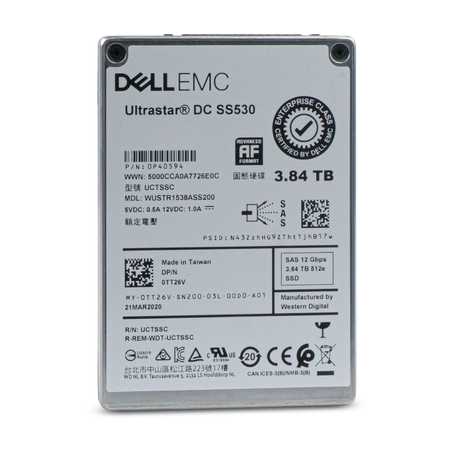 Dell/Western Digital Ultrastar DC SS530 WUSTR1538ASS200 0P40594 3.84TB 1 DWPD SAS 12Gb/s 3D TLC 2.5in Refurbished SSD