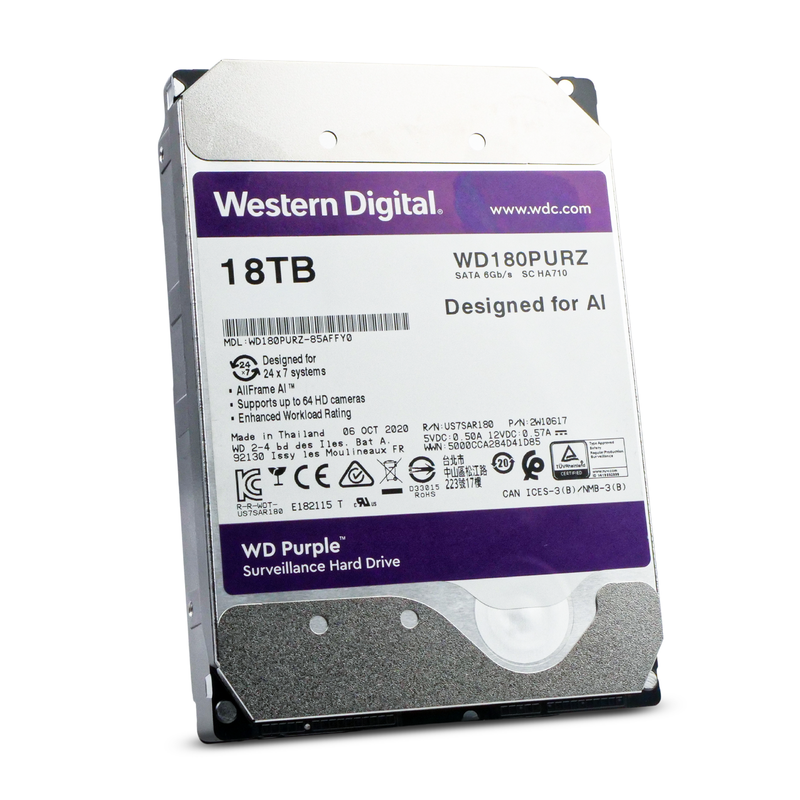 Western Digital Purple SC HA710 WD180PURZ 85AFFY0 2W10617 18TB 7.2K RPM SATA 6Gb/s 512e 512MB 3.5in Surveillance HDD