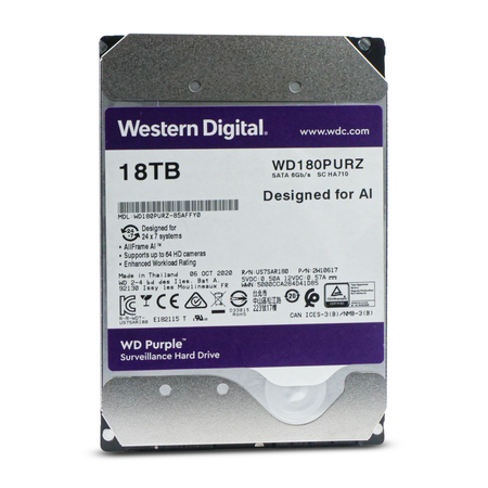 Western Digital Purple SC HA710 WD180PURZ 85AFFY0 2W10617 18TB 7.2K RPM SATA 6Gb/s 512e 512MB 3.5in Surveillance HDD