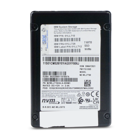 IBM/Samsung PM1733 MZWLJ7T6HALA 7.68TB NVMe PCIe Gen 4.0 U.2 2.5" SSD, Front Straight View