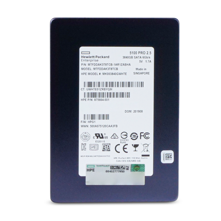 HP Micron 5100 PRO MK003840GWHTE 875664-001 MTFDDAK3T8TCB 3.84TB SATA 6Gb/s 2.5" SSD, Front Straight View