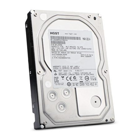 HGST 4TB SATA hard drive on a white background, angled view.