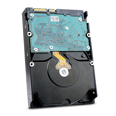 Underside of a hard drive showing the circuit board, angled view.