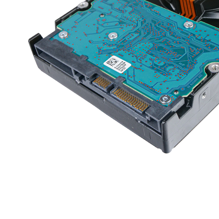 Close-up of SATA connector on the underside of a hard drive.