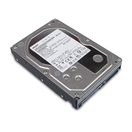 HGST hard drive on a white background, angled view.