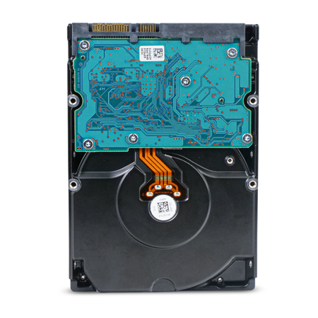 Underside of a hard drive showing the circuit board.