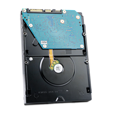 Angled back view of 3.5-inch SATA hard drive circuit board.