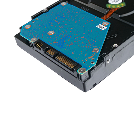 Close-up of 3.5-inch hard drive circuit board and SATA connector.