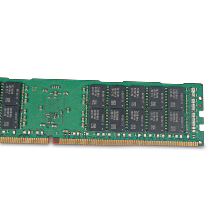 Close-up of Samsung memory chips on the back of a server RAM module.