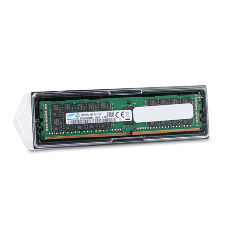 Samsung server RAM module in clear plastic packaging, angled view.