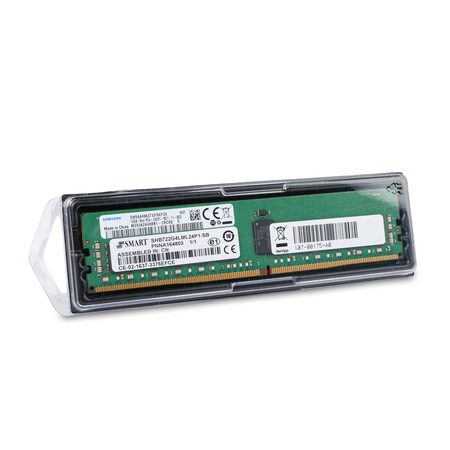 Samsung NetApp server RAM module in clear plastic packaging, angled view.