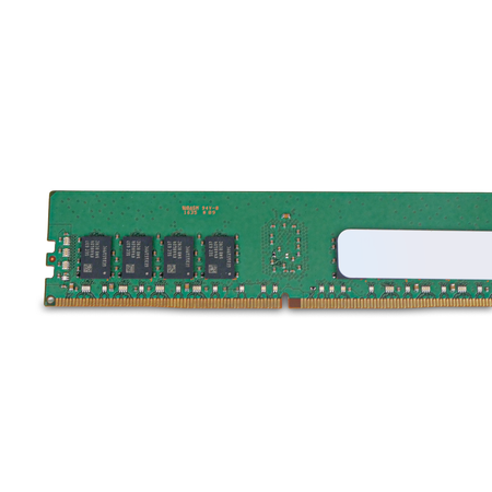 Close-up of memory chips on the back of a server RAM module.