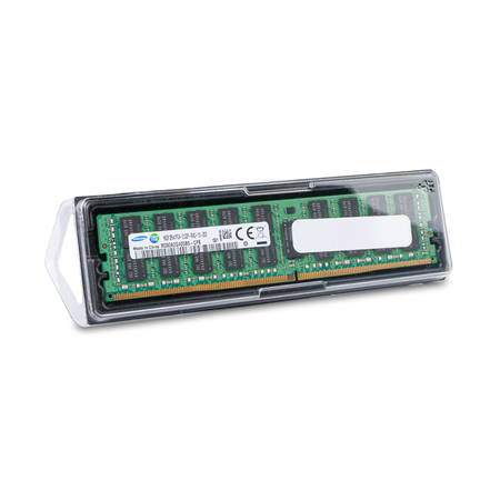 Samsung server RAM module in clear plastic packaging, angled view.