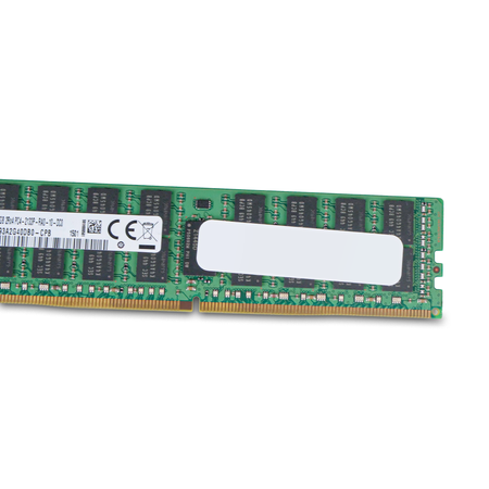 Close-up of blank label and Samsung memory chips on a server RAM module.
