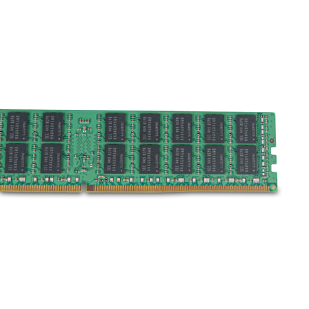 Close-up of Samsung memory chips on the back of a server RAM module.