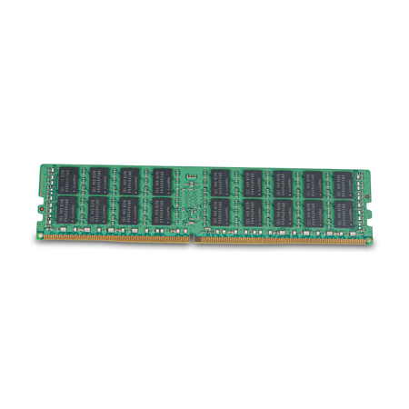 Back side of a server RAM module on a white background.