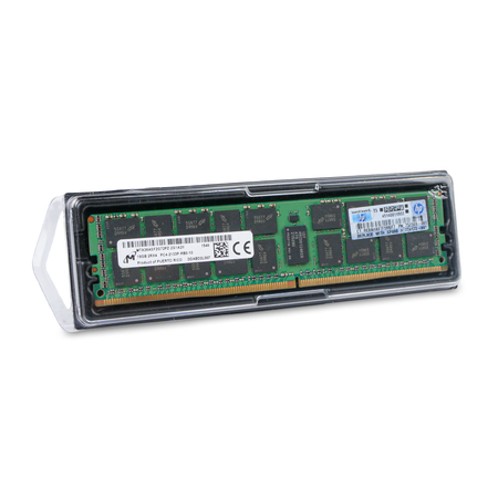 Micron HP server RAM module in clear plastic packaging, angled view.