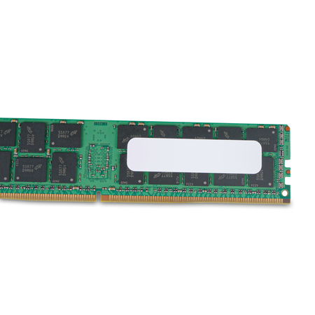 Close-up of blank label and Micron memory chips on a server RAM module.