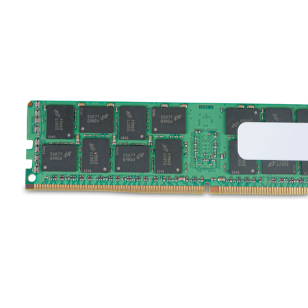 Close-up of Micron memory chips on the back of a server RAM module.